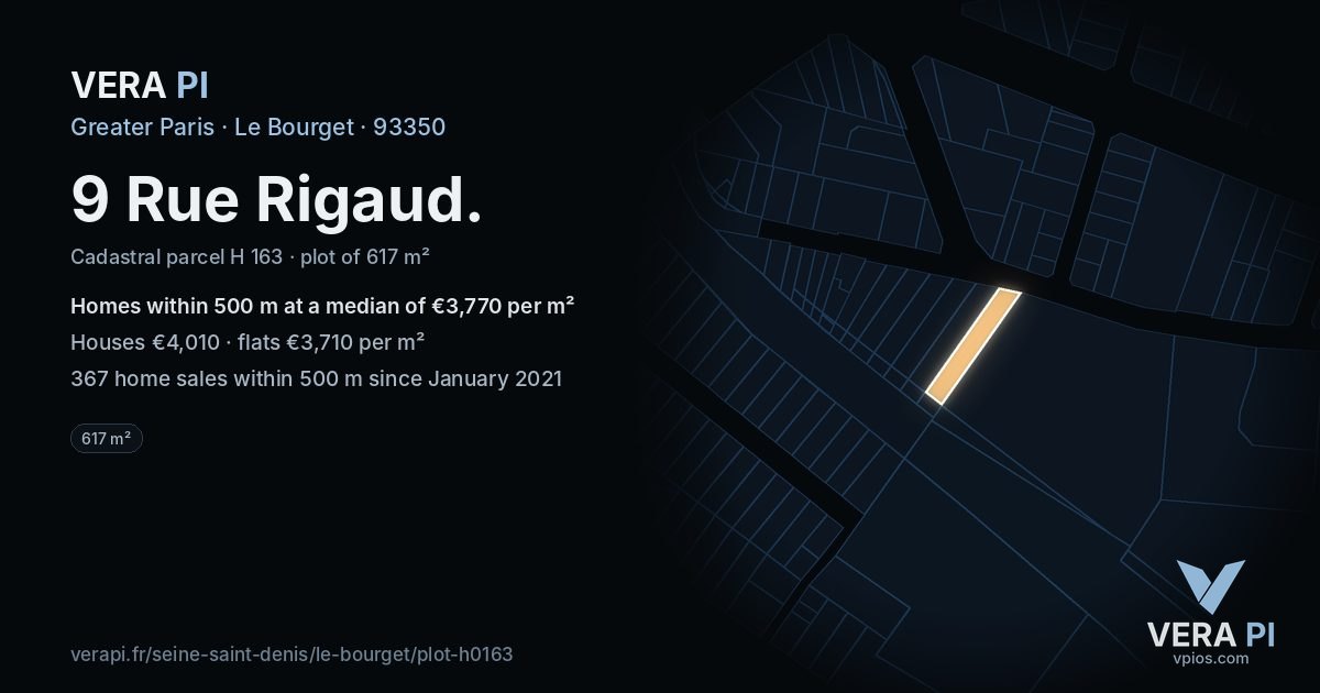 9 Rue Rigaud, Le Bourget at night – the plot lit, the parcels around coloured by the prices near them