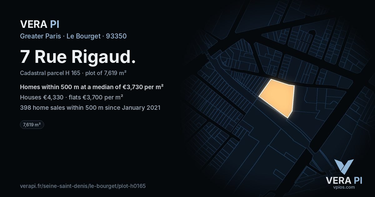 7 Rue Rigaud, Le Bourget at night – the plot lit, the parcels around coloured by the prices near them