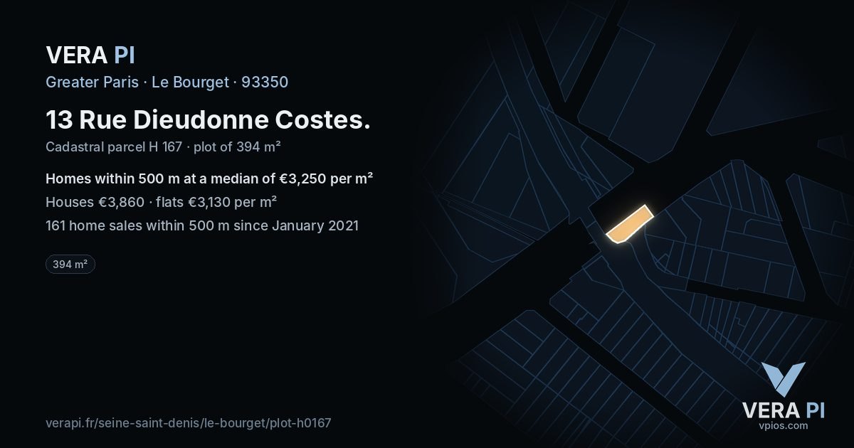 13 Rue Dieudonne Costes, Le Bourget at night – the plot lit, the parcels around coloured by the prices near them