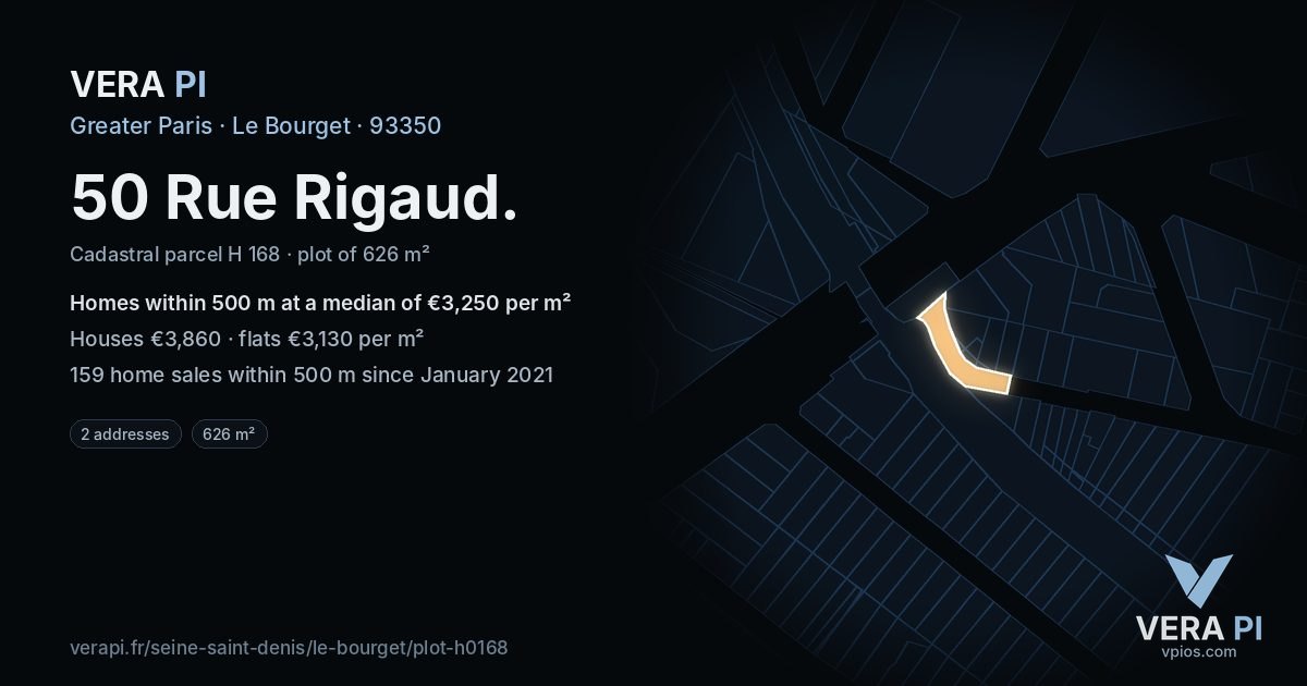 50 Rue Rigaud, Le Bourget at night – the plot lit, the parcels around coloured by the prices near them