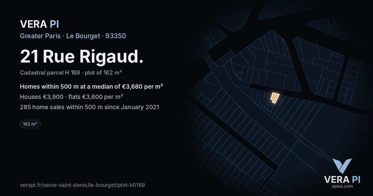 21 Rue Rigaud, Le Bourget at night – the plot lit, the parcels around coloured by the prices near them
