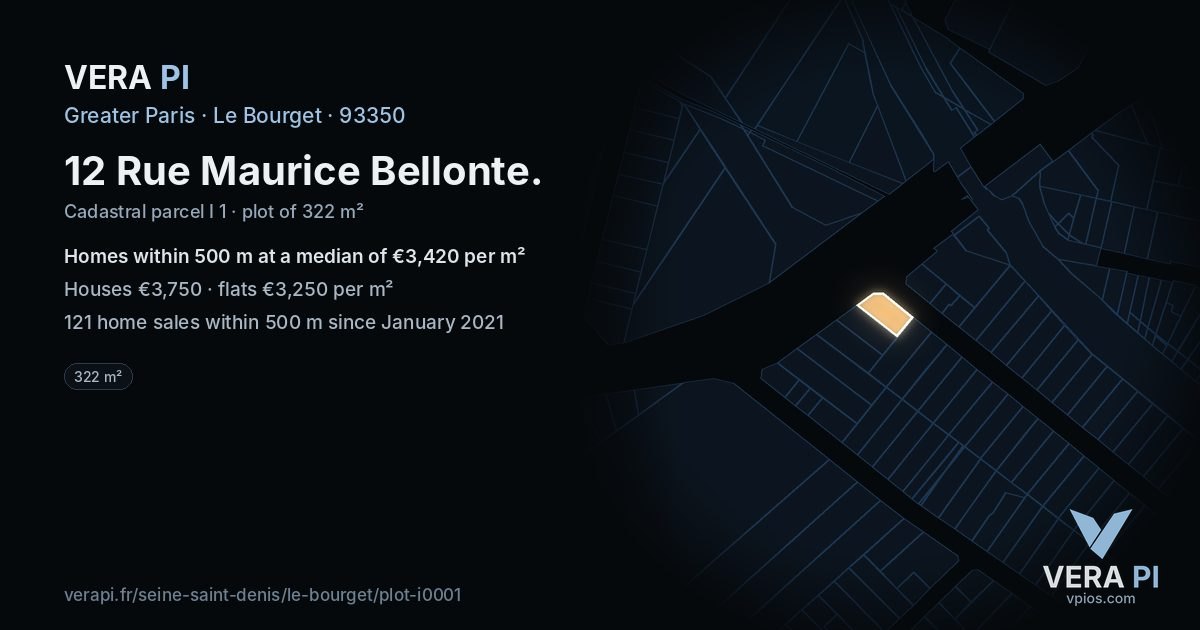 12 Rue Maurice Bellonte, Le Bourget at night – the plot lit, the parcels around coloured by the prices near them