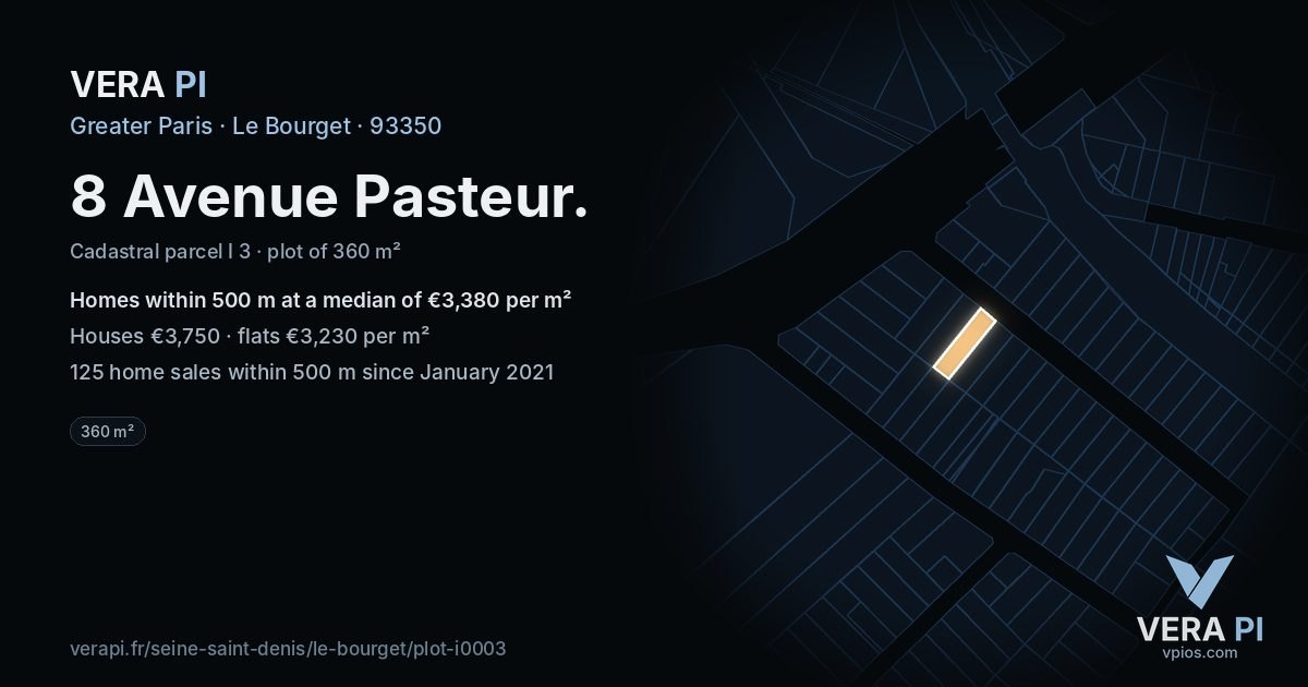8 Avenue Pasteur, Le Bourget at night – the plot lit, the parcels around coloured by the prices near them