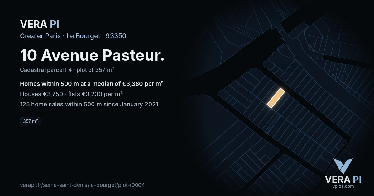 10 Avenue Pasteur, Le Bourget at night – the plot lit, the parcels around coloured by the prices near them