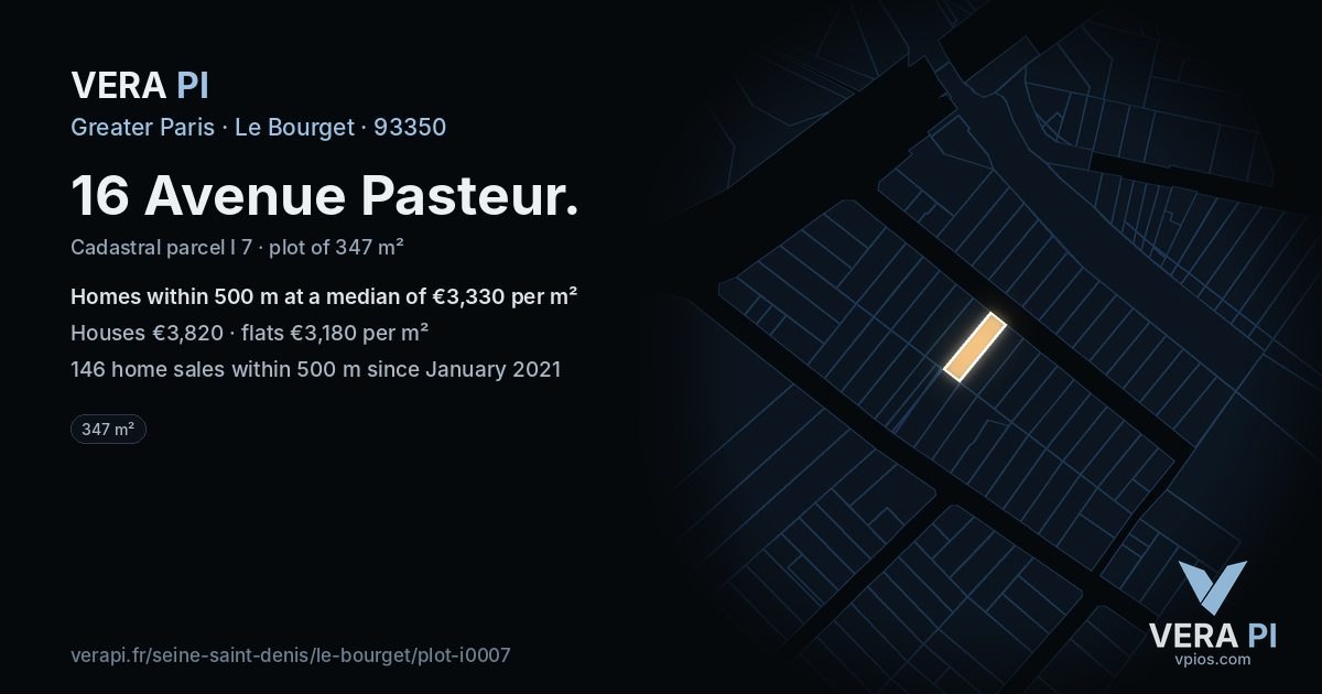 16 Avenue Pasteur, Le Bourget at night – the plot lit, the parcels around coloured by the prices near them