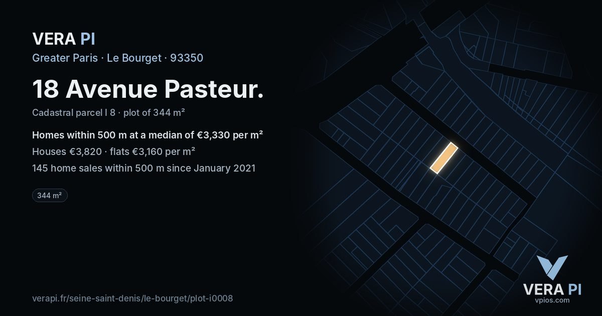 18 Avenue Pasteur, Le Bourget at night – the plot lit, the parcels around coloured by the prices near them