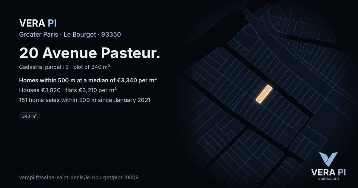 20 Avenue Pasteur, Le Bourget at night – the plot lit, the parcels around coloured by the prices near them