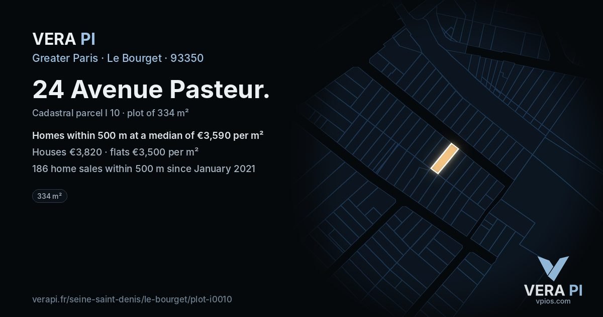 24 Avenue Pasteur, Le Bourget at night – the plot lit, the parcels around coloured by the prices near them