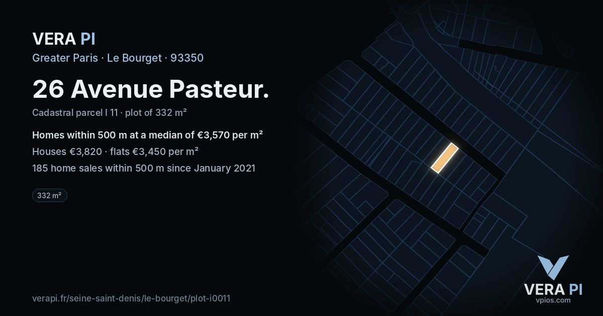 26 Avenue Pasteur, Le Bourget at night – the plot lit, the parcels around coloured by the prices near them
