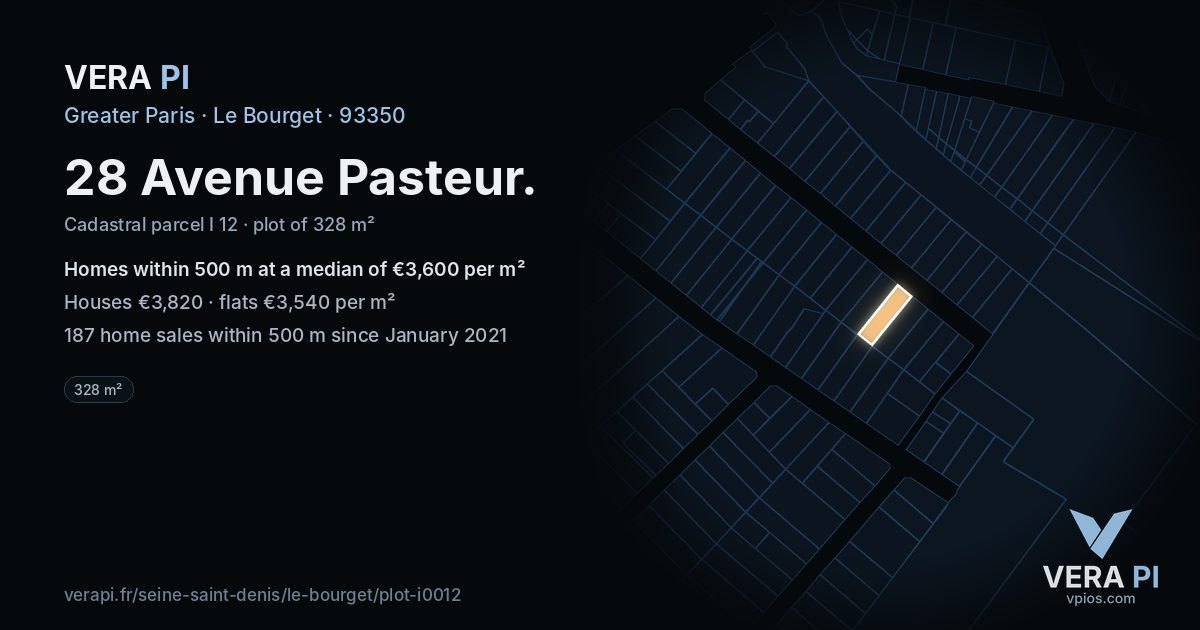 28 Avenue Pasteur, Le Bourget at night – the plot lit, the parcels around coloured by the prices near them