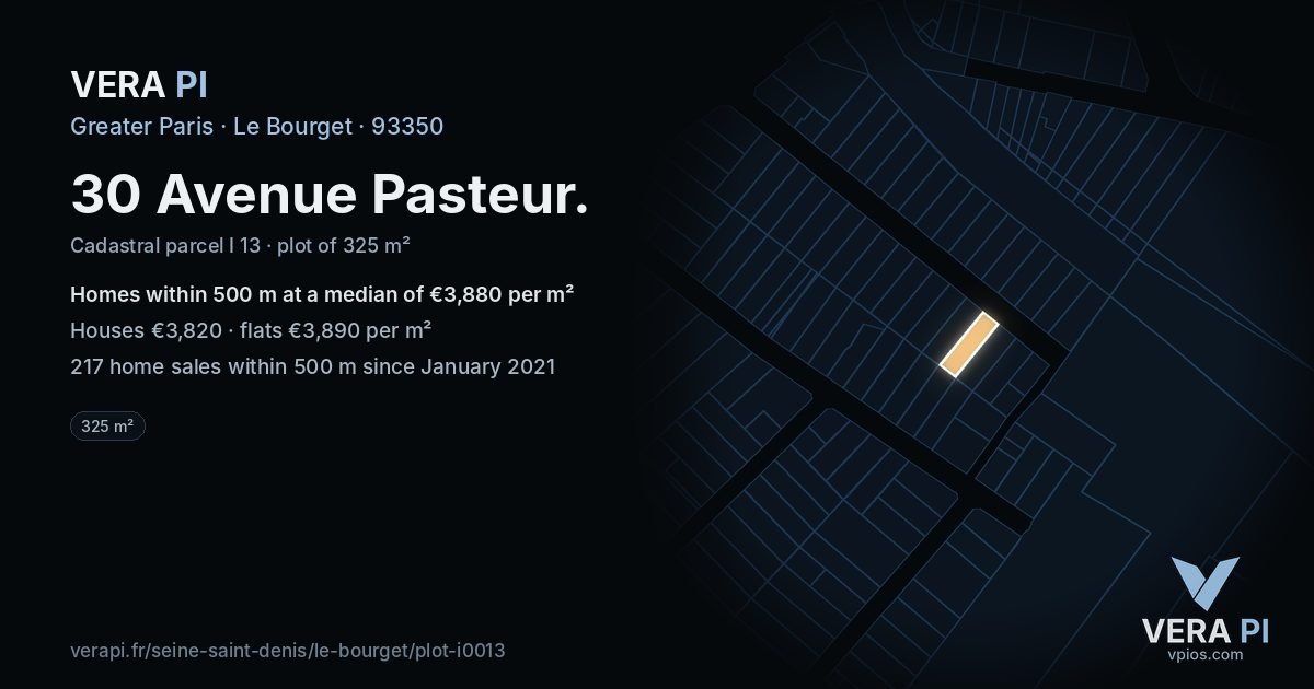 30 Avenue Pasteur, Le Bourget at night – the plot lit, the parcels around coloured by the prices near them