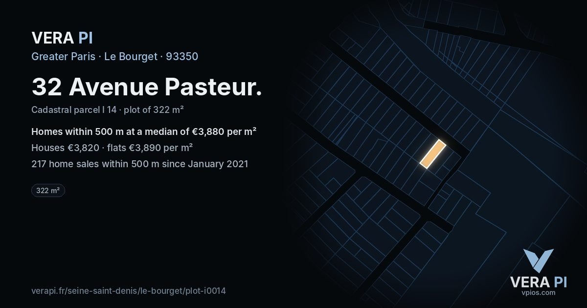 32 Avenue Pasteur, Le Bourget at night – the plot lit, the parcels around coloured by the prices near them