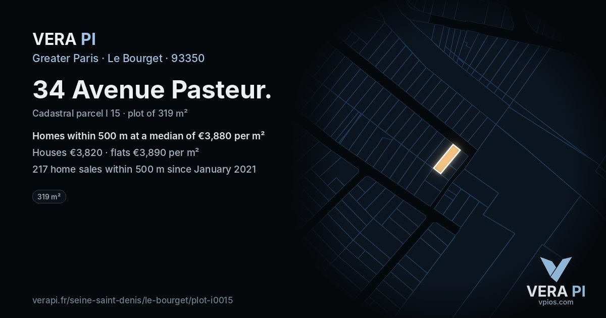 34 Avenue Pasteur, Le Bourget at night – the plot lit, the parcels around coloured by the prices near them