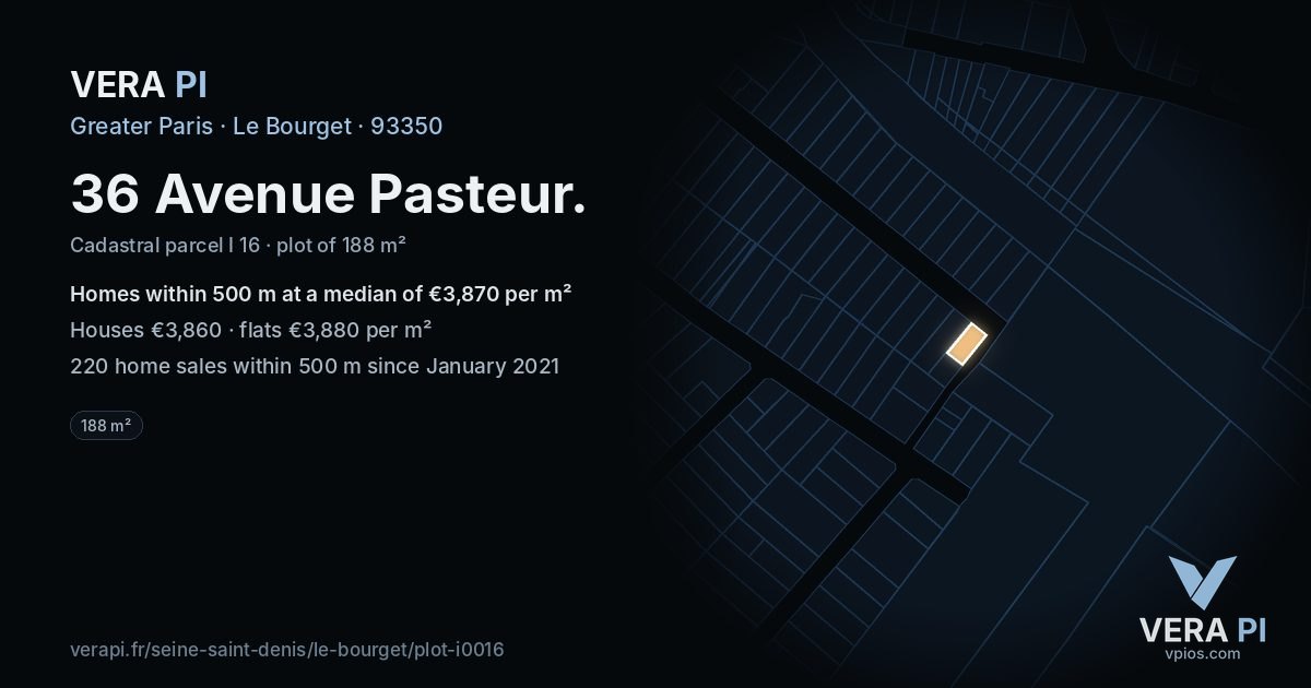 36 Avenue Pasteur, Le Bourget at night – the plot lit, the parcels around coloured by the prices near them