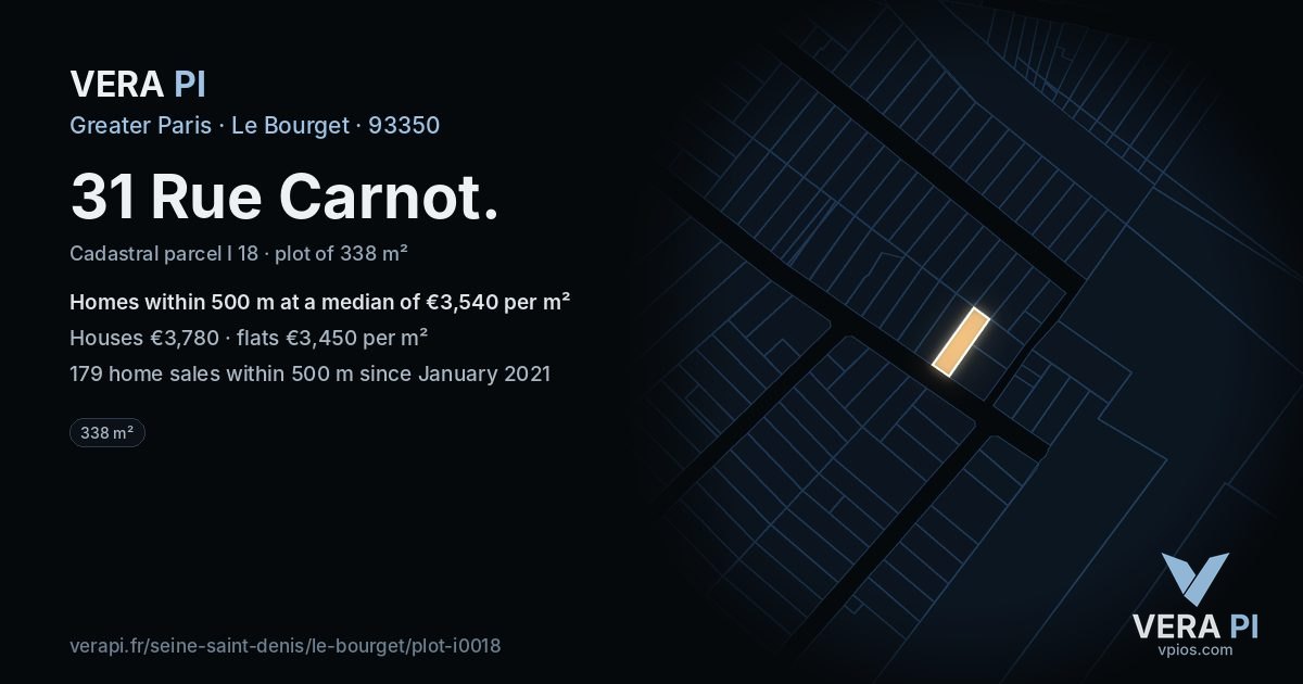 31 Rue Carnot, Le Bourget at night – the plot lit, the parcels around coloured by the prices near them