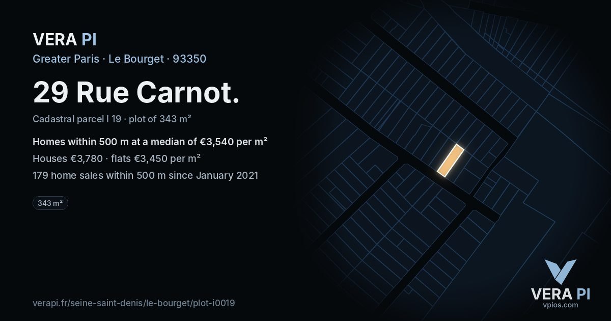 29 Rue Carnot, Le Bourget at night – the plot lit, the parcels around coloured by the prices near them