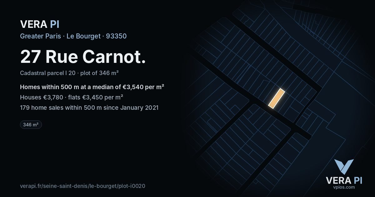 27 Rue Carnot, Le Bourget at night – the plot lit, the parcels around coloured by the prices near them