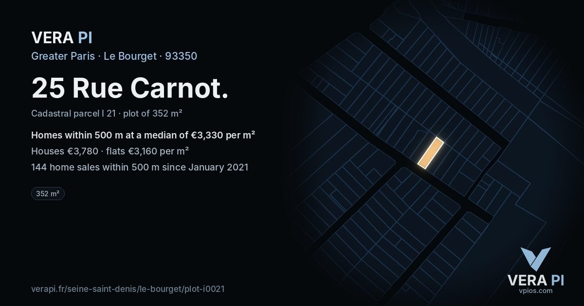 25 Rue Carnot, Le Bourget at night – the plot lit, the parcels around coloured by the prices near them