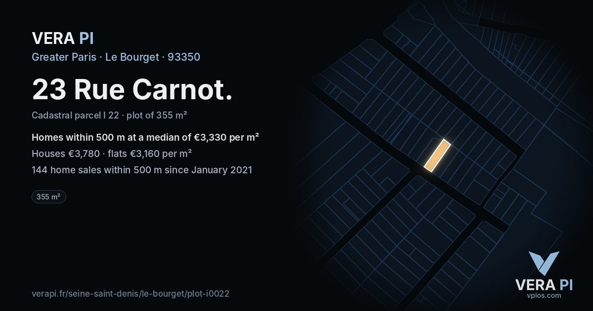 23 Rue Carnot, Le Bourget at night – the plot lit, the parcels around coloured by the prices near them