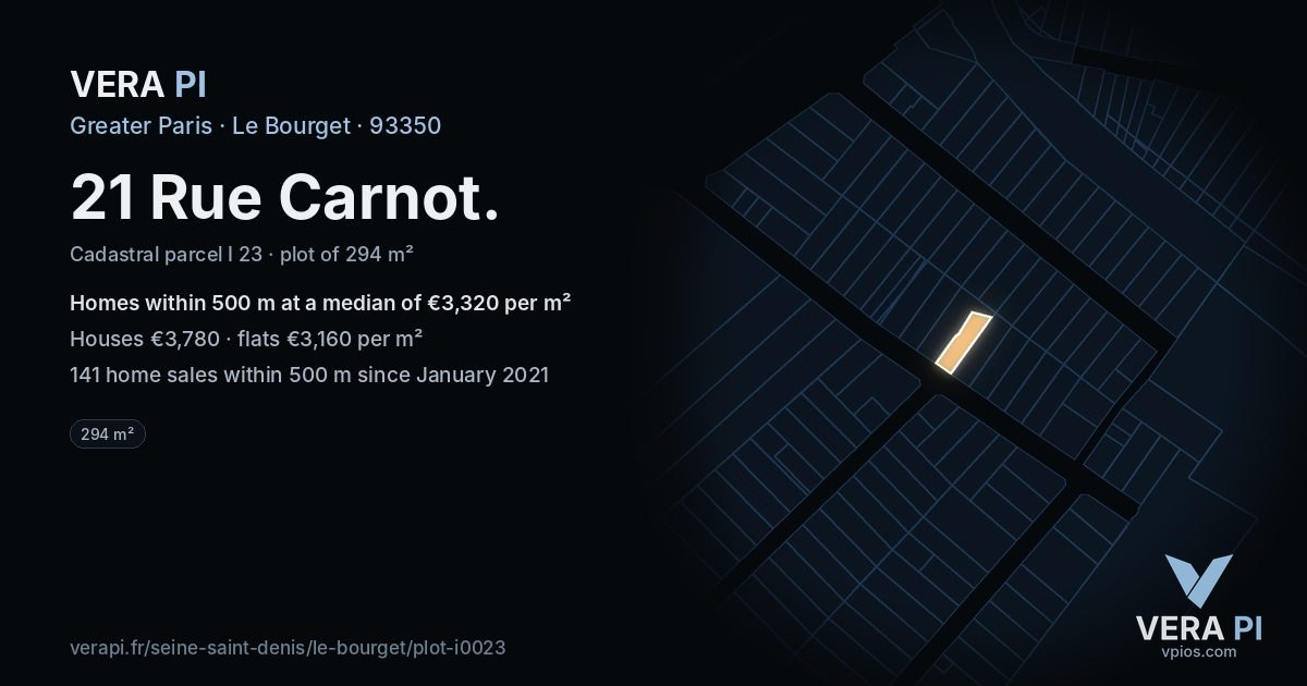 21 Rue Carnot, Le Bourget at night – the plot lit, the parcels around coloured by the prices near them