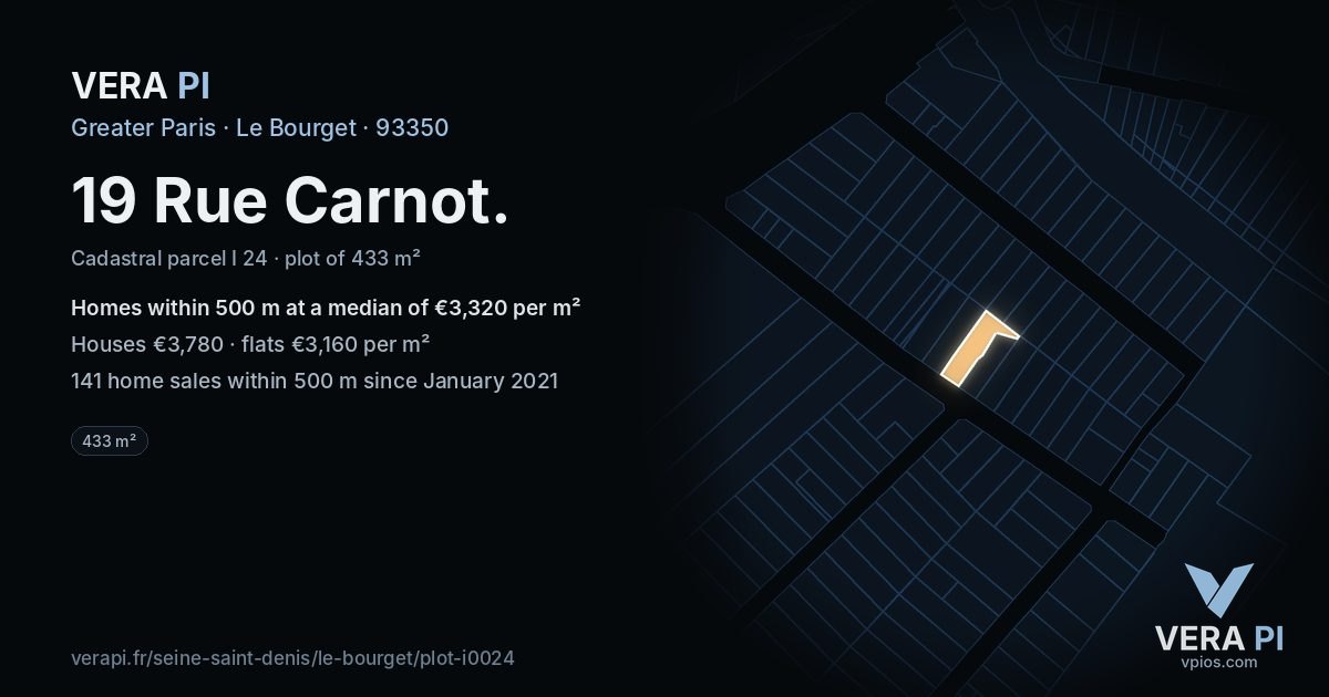19 Rue Carnot, Le Bourget at night – the plot lit, the parcels around coloured by the prices near them