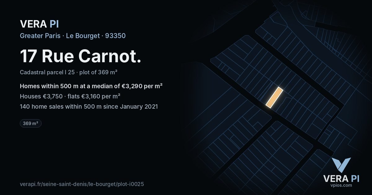 17 Rue Carnot, Le Bourget at night – the plot lit, the parcels around coloured by the prices near them