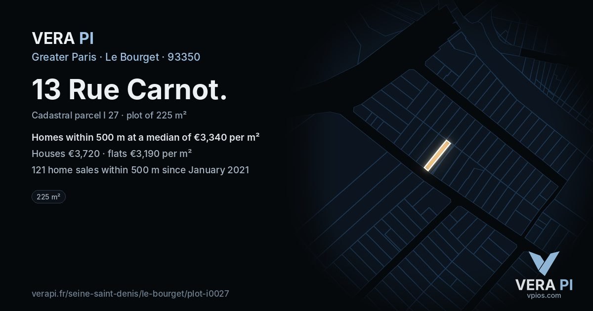 13 Rue Carnot, Le Bourget at night – the plot lit, the parcels around coloured by the prices near them