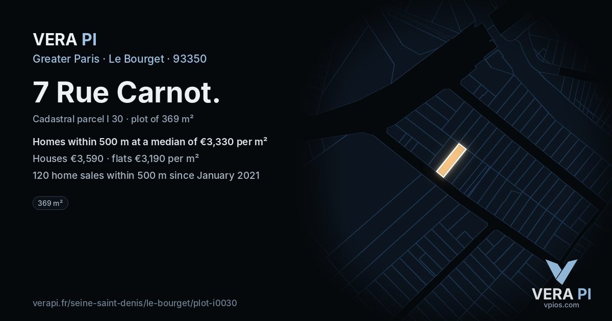 7 Rue Carnot, Le Bourget at night – the plot lit, the parcels around coloured by the prices near them