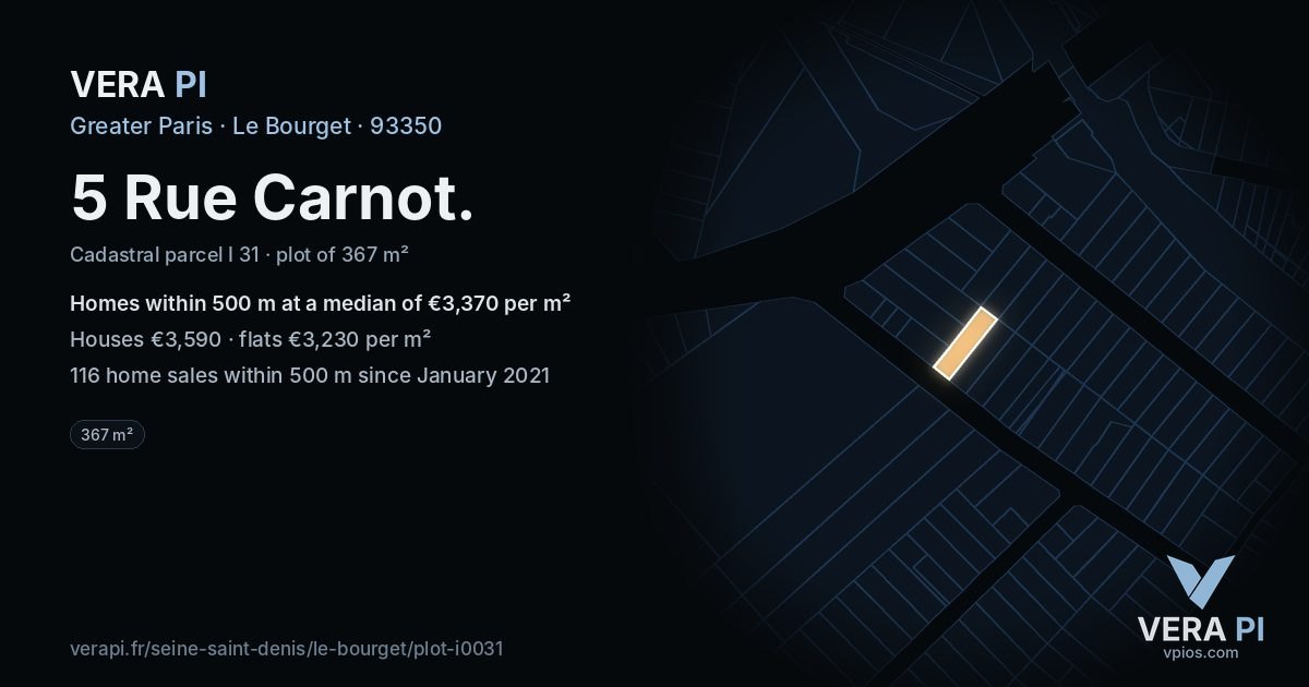 5 Rue Carnot, Le Bourget at night – the plot lit, the parcels around coloured by the prices near them