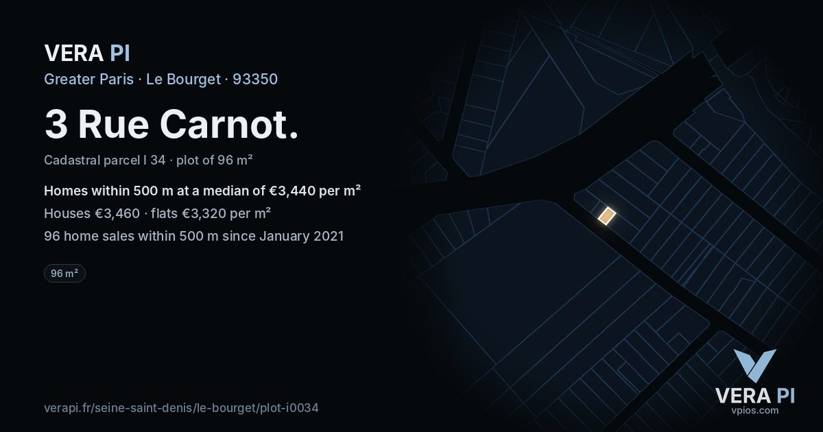 3 Rue Carnot, Le Bourget at night – the plot lit, the parcels around coloured by the prices near them