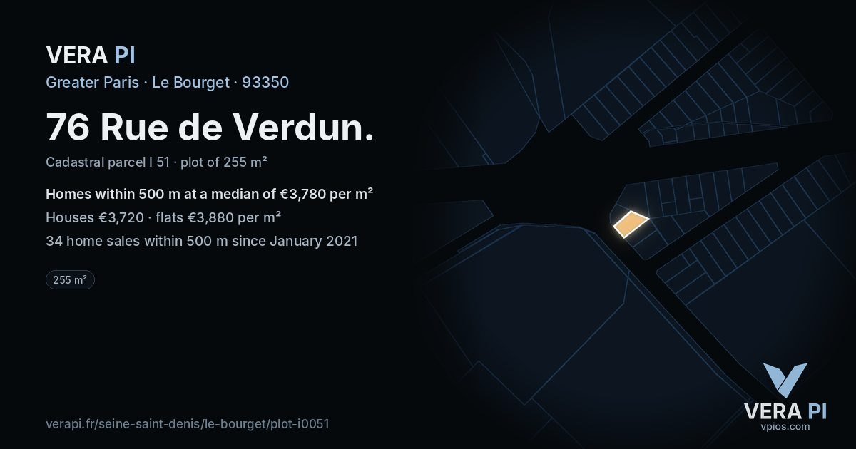 76 Rue de Verdun, Le Bourget at night – the plot lit, the parcels around coloured by the prices near them