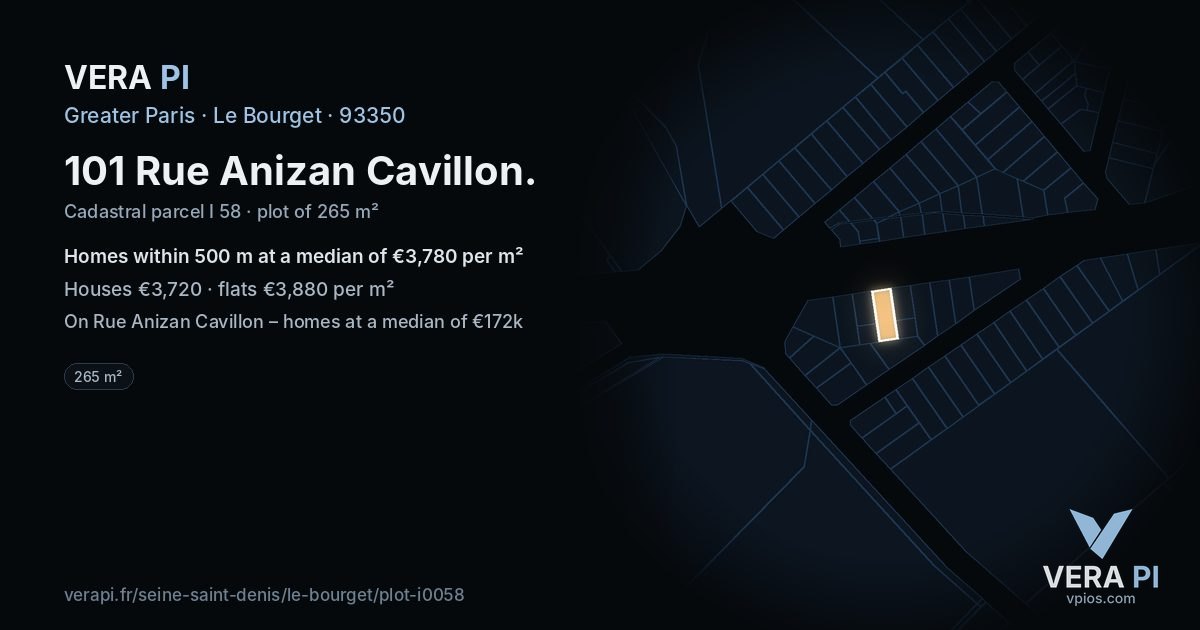 101 Rue Anizan Cavillon, Le Bourget at night – the plot lit, the parcels around coloured by the prices near them