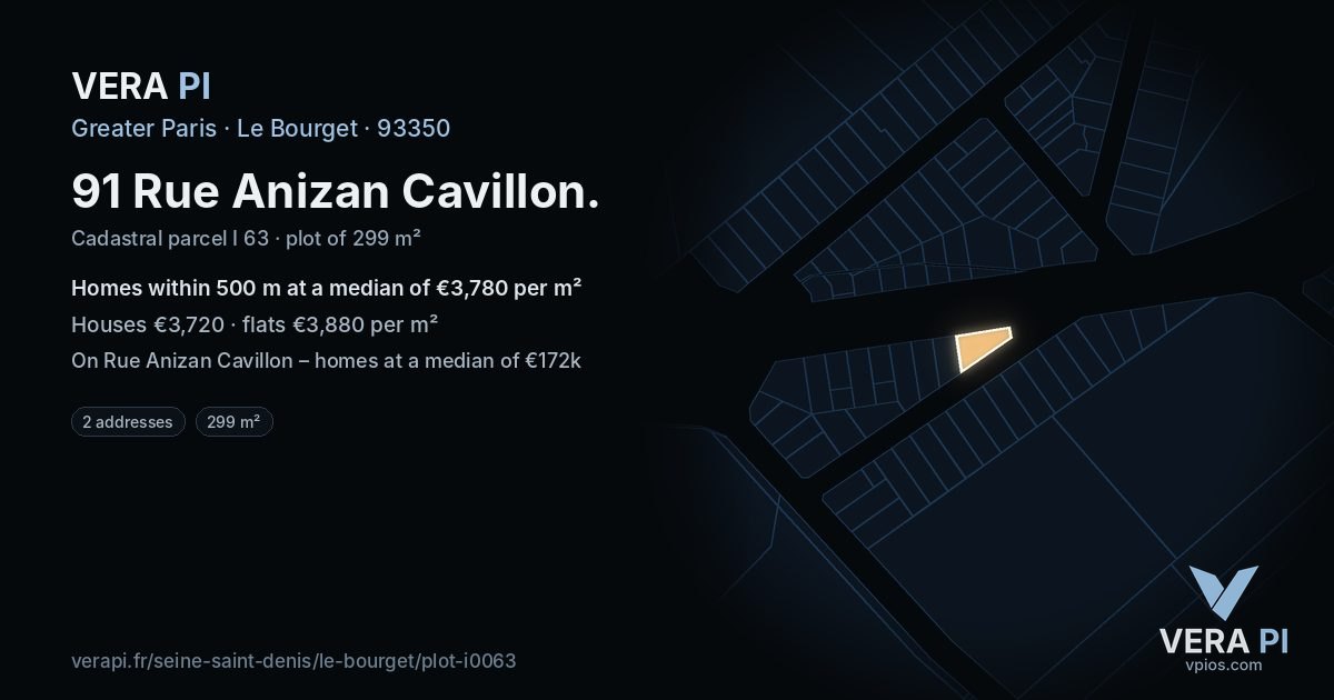 91 Rue Anizan Cavillon, Le Bourget at night – the plot lit, the parcels around coloured by the prices near them