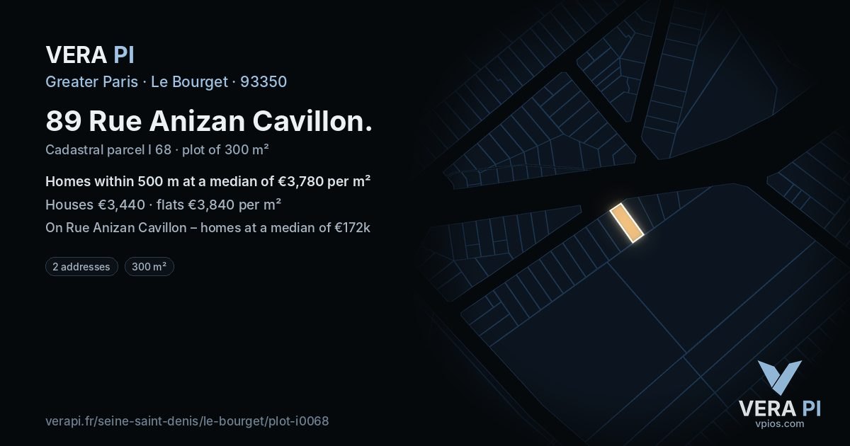 89 Rue Anizan Cavillon, Le Bourget at night – the plot lit, the parcels around coloured by the prices near them