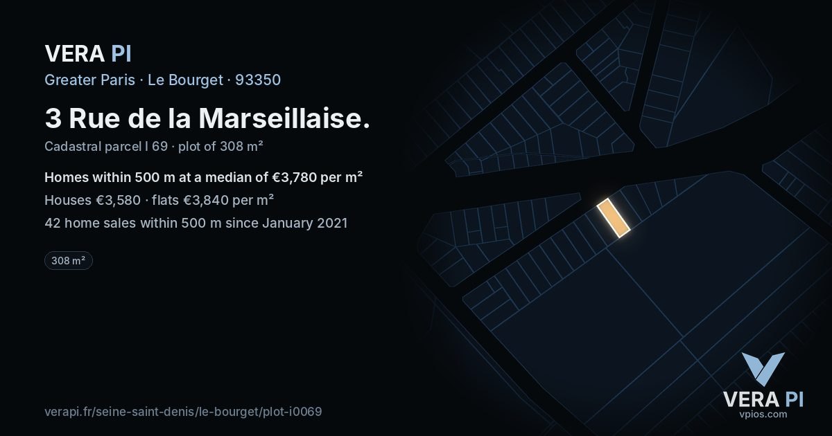 3 Rue de la Marseillaise, Le Bourget at night – the plot lit, the parcels around coloured by the prices near them