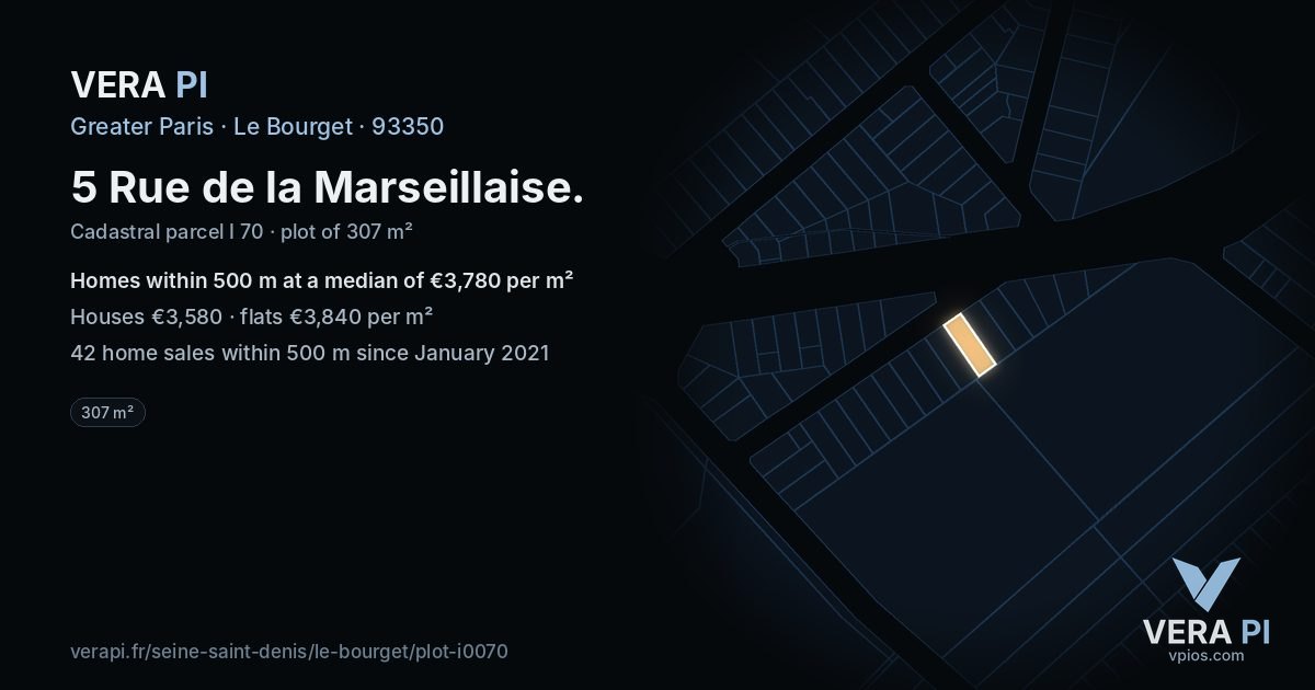 5 Rue de la Marseillaise, Le Bourget at night – the plot lit, the parcels around coloured by the prices near them