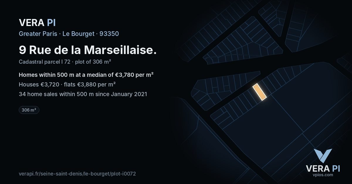 9 Rue de la Marseillaise, Le Bourget at night – the plot lit, the parcels around coloured by the prices near them