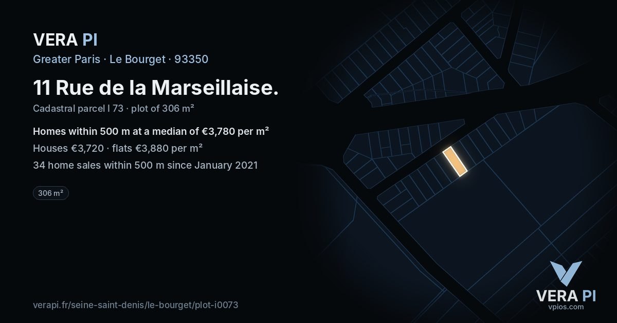 11 Rue de la Marseillaise, Le Bourget at night – the plot lit, the parcels around coloured by the prices near them