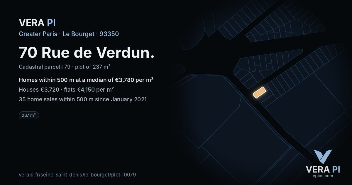 70 Rue de Verdun, Le Bourget at night – the plot lit, the parcels around coloured by the prices near them