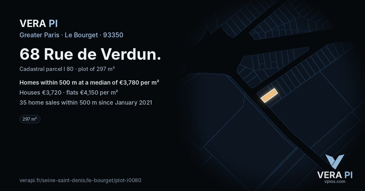 68 Rue de Verdun, Le Bourget at night – the plot lit, the parcels around coloured by the prices near them