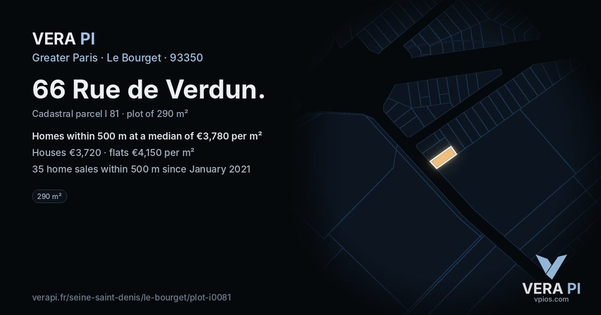 66 Rue de Verdun, Le Bourget at night – the plot lit, the parcels around coloured by the prices near them