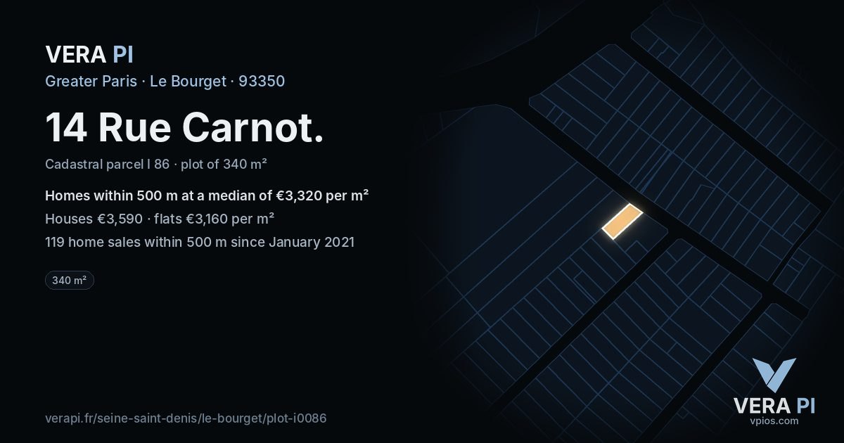 14 Rue Carnot, Le Bourget at night – the plot lit, the parcels around coloured by the prices near them