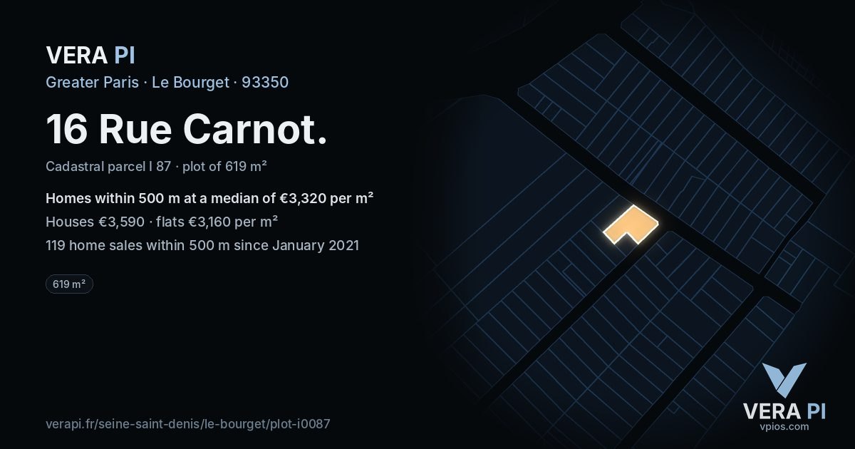 16 Rue Carnot, Le Bourget at night – the plot lit, the parcels around coloured by the prices near them