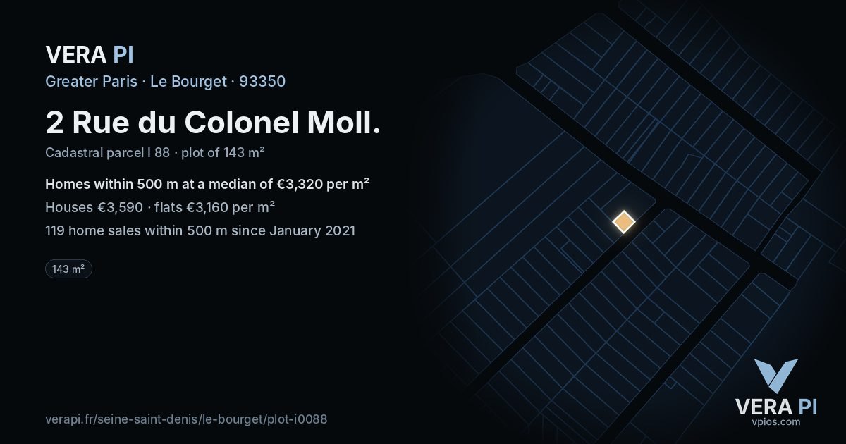 2 Rue du Colonel Moll, Le Bourget at night – the plot lit, the parcels around coloured by the prices near them