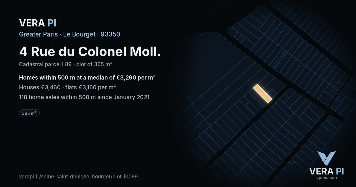 4 Rue du Colonel Moll, Le Bourget at night – the plot lit, the parcels around coloured by the prices near them