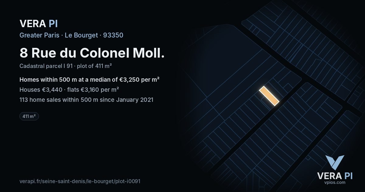 8 Rue du Colonel Moll, Le Bourget at night – the plot lit, the parcels around coloured by the prices near them