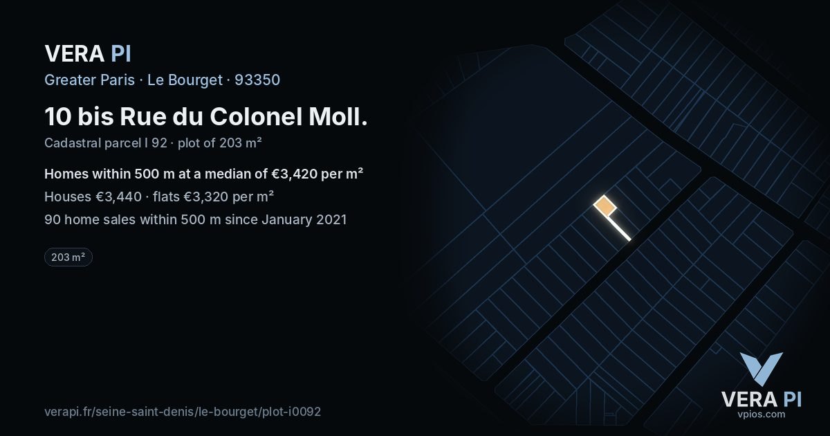 10 bis Rue du Colonel Moll, Le Bourget at night – the plot lit, the parcels around coloured by the prices near them