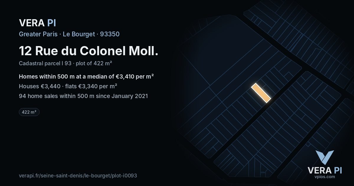 12 Rue du Colonel Moll, Le Bourget at night – the plot lit, the parcels around coloured by the prices near them