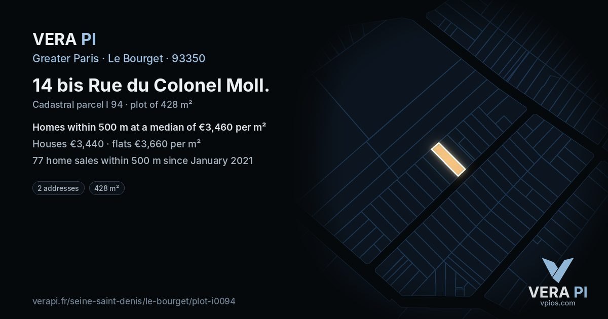 14 bis Rue du Colonel Moll, Le Bourget at night – the plot lit, the parcels around coloured by the prices near them