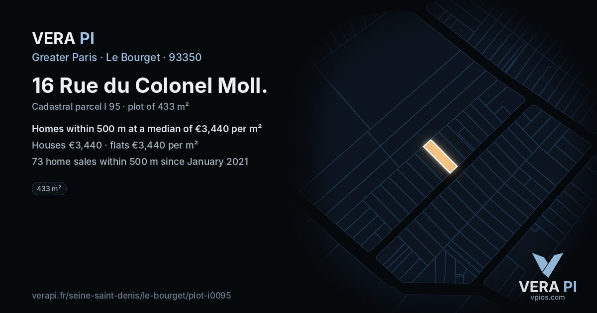 16 Rue du Colonel Moll, Le Bourget at night – the plot lit, the parcels around coloured by the prices near them